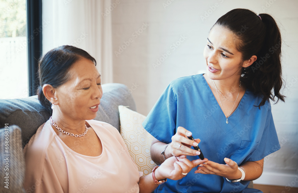 Woman, doctor and senior patient with diabetes for injection, insulin or pen on finger in elderly care at home. Female person, nurse or medical caregiver giving diabetic needle prick for healthcare