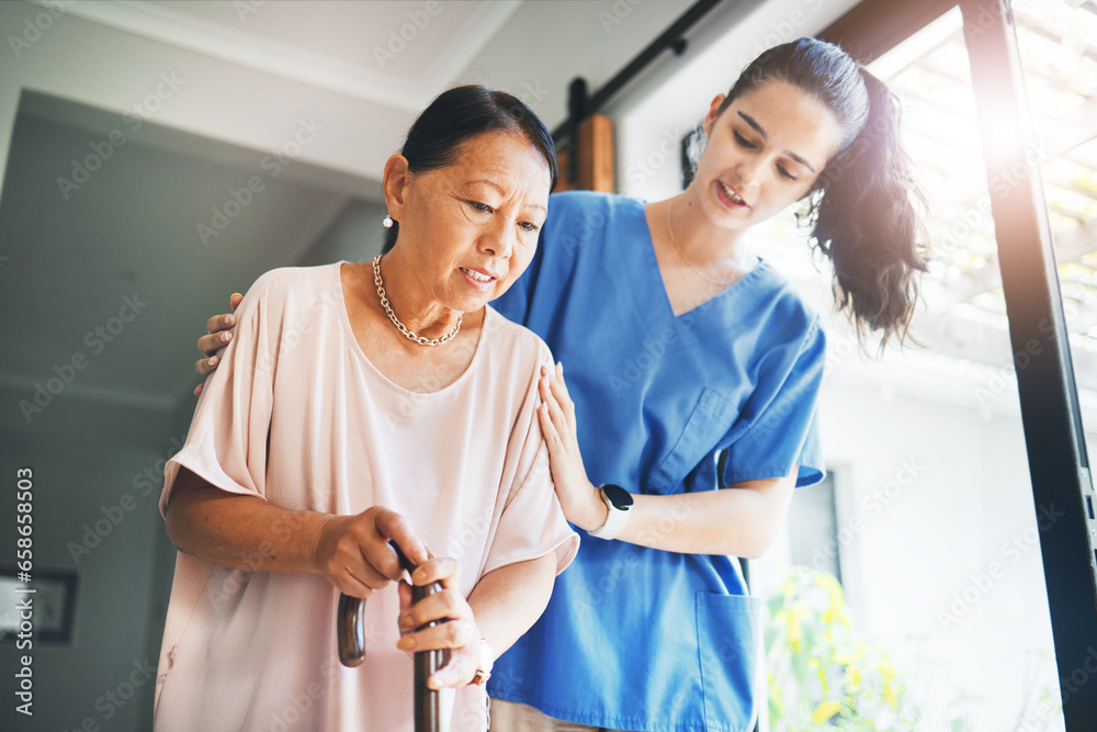 Walking stick, senior woman and nurse for home support, helping and kindness with retirement or nursing service. Medical student, doctor or caregiver and elderly patient with disability in healthcare