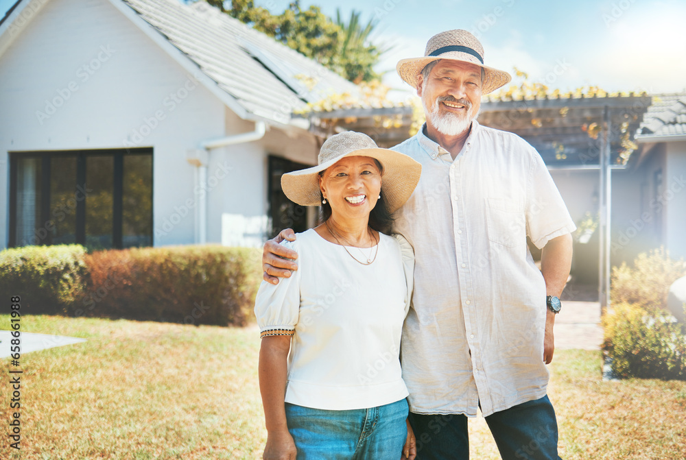 Senior couple, hug and portrait in garden with smile, summer sunshine and bonding in retirement. Happy elderly man, old woman and outdoor with embrace, love and care in backyard to relax in Jakarta