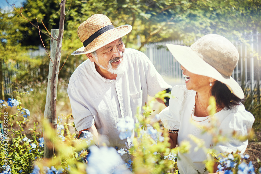 Couple, gardening and happy in nature for retirement, love and bonding with smile. Senior people, quality time and care in marriage, garden and hat for protection from sun, hobby in spring in outdoor