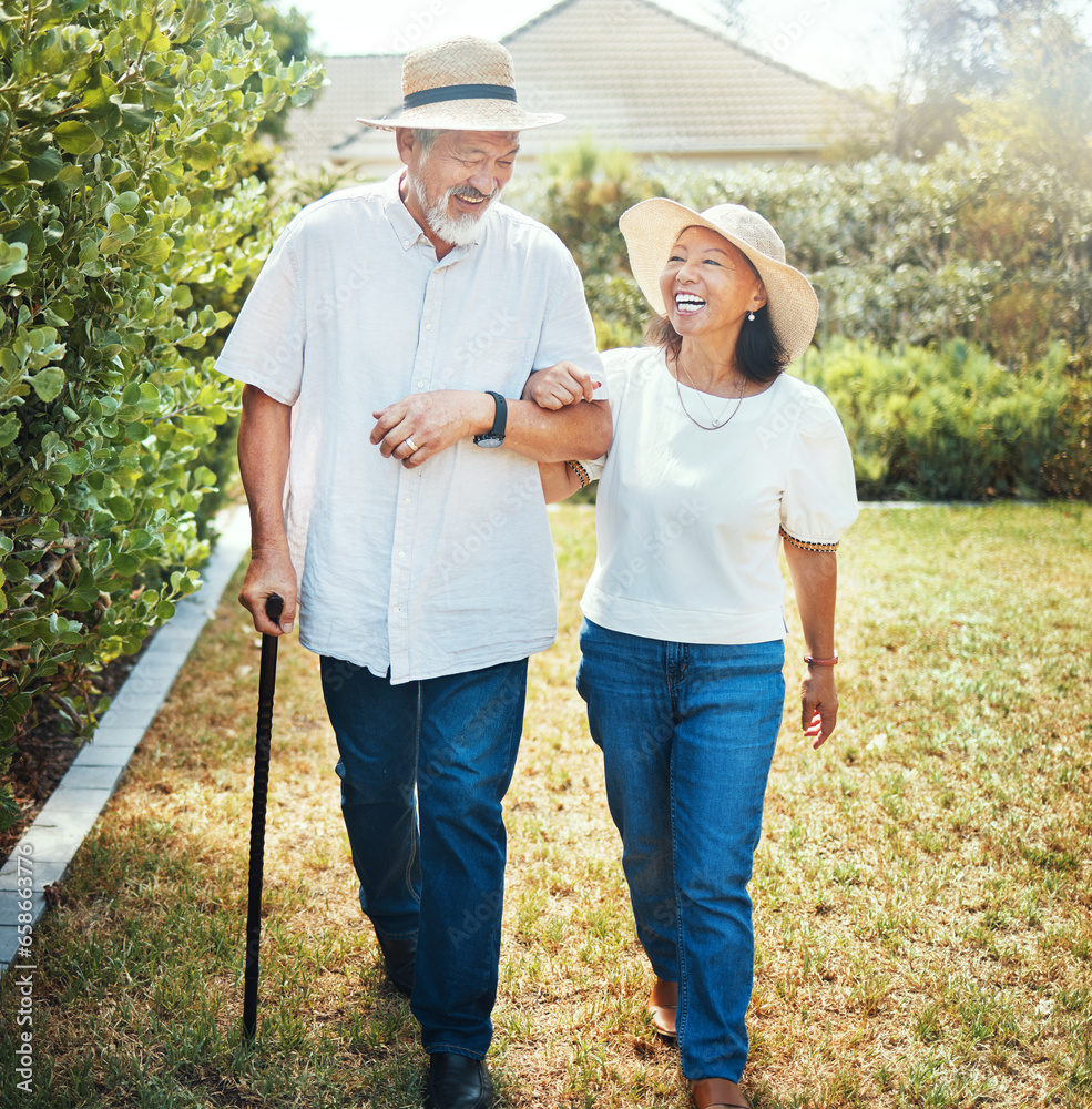 Walking, laugh and senior Asian couple in garden for bonding, healthy relationship and love. Retirement, marriage and man and woman happy at joke outdoors for fresh air, wellness and relax in nature