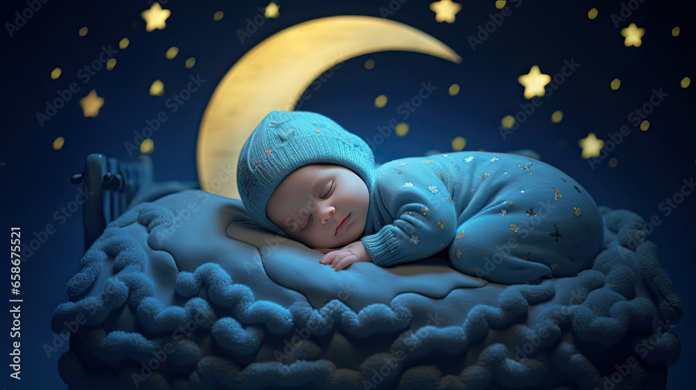 A baby is sleeping cozy sleep under the stars and the moon at night. Generative Ai