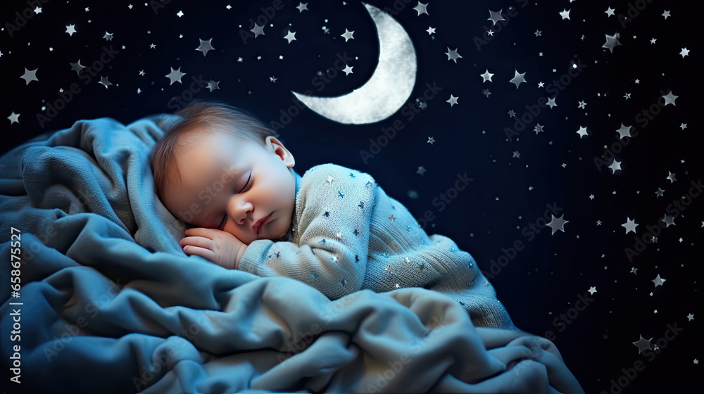 A baby is sleeping cozy sleep under the stars and the moon at night. Generative Ai