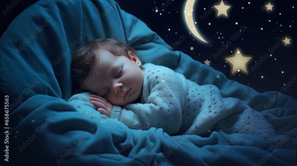 A baby is sleeping cozy sleep under the stars and the moon at night. Generative Ai