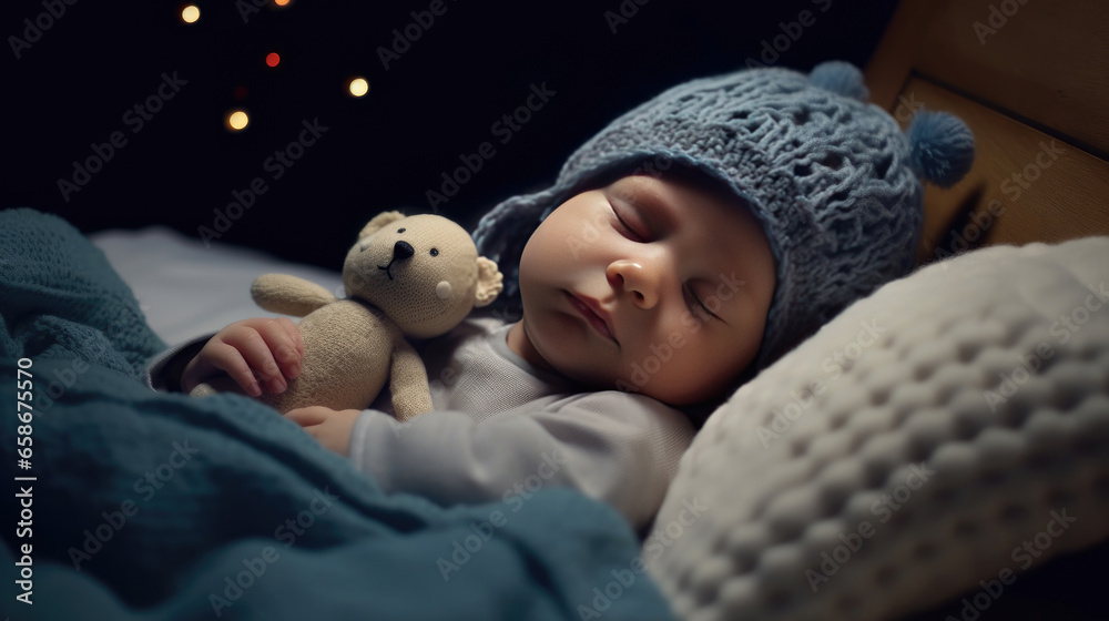 A baby is sleeping cozy sleep under the stars and the moon at night. Generative Ai