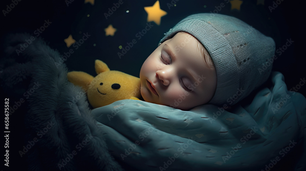 A baby is sleeping cozy sleep under the stars and the moon at night. Generative Ai