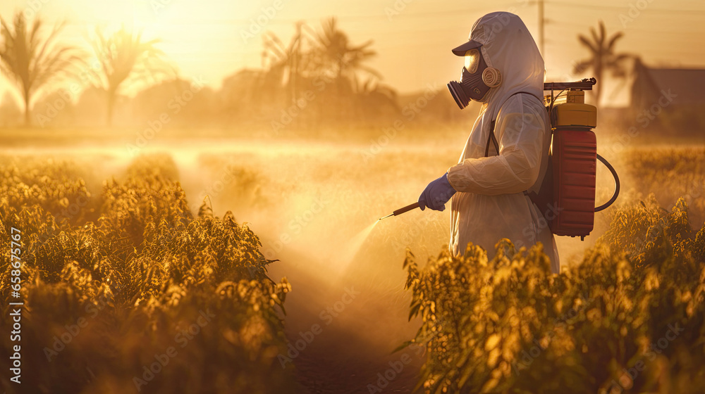 A man wear protective clothing fumigating field with pesticide or insecticide. Generative Ai