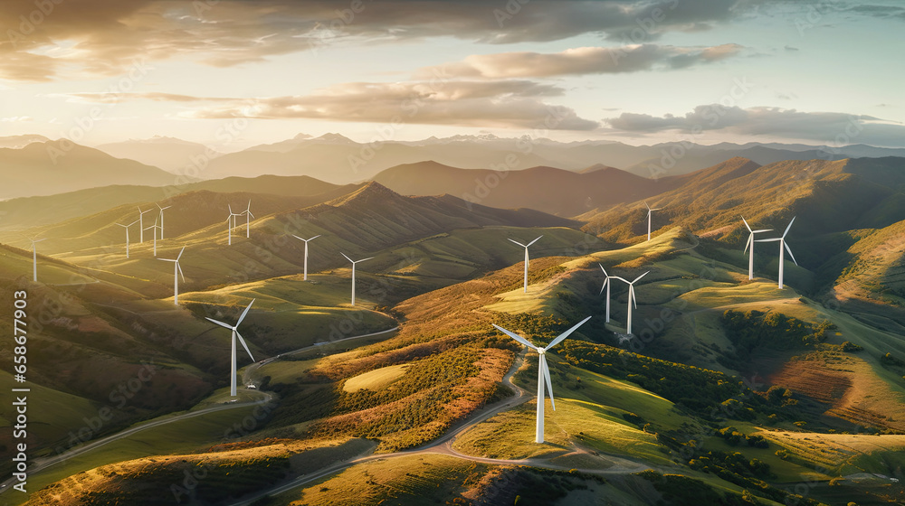 Aerial view of Wind turbines generating green power high in mountains. Generative Ai