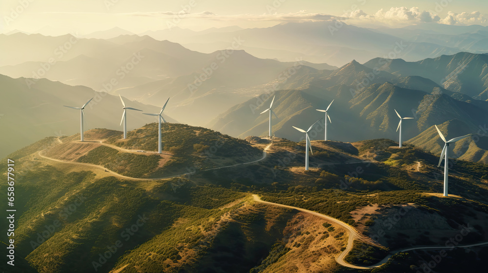 Aerial view of Wind turbines generating green power high in mountains. Generative Ai