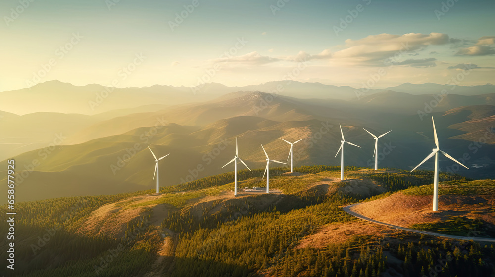 Aerial view of Wind turbines generating green power high in mountains. Generative Ai