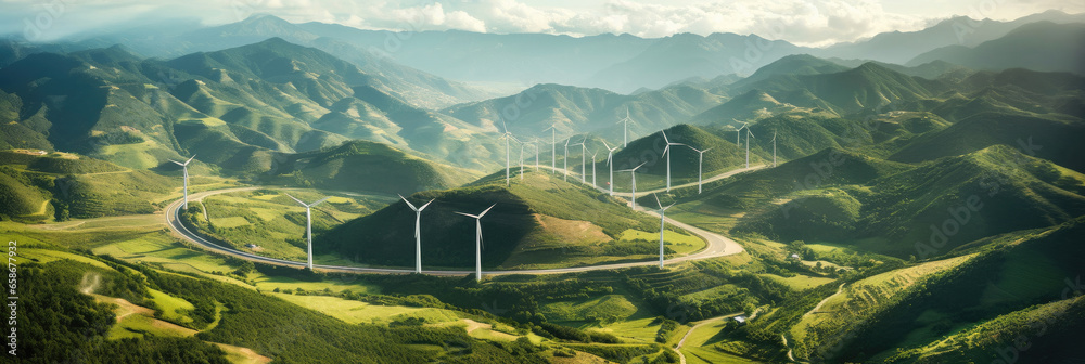 Aerial view of Wind turbines generating green power high in mountains. Generative Ai