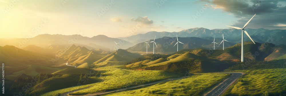 Aerial view of Wind turbines generating green power high in mountains. Generative Ai