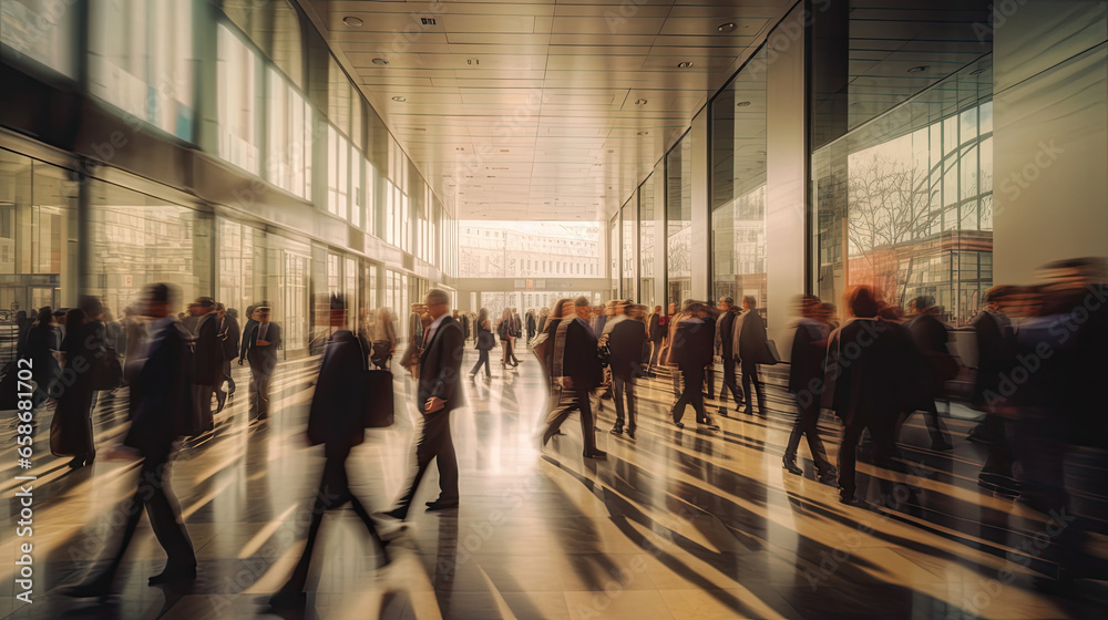 Crowd of business people walking in bright office lobby fast moving with blurry. Generative Ai