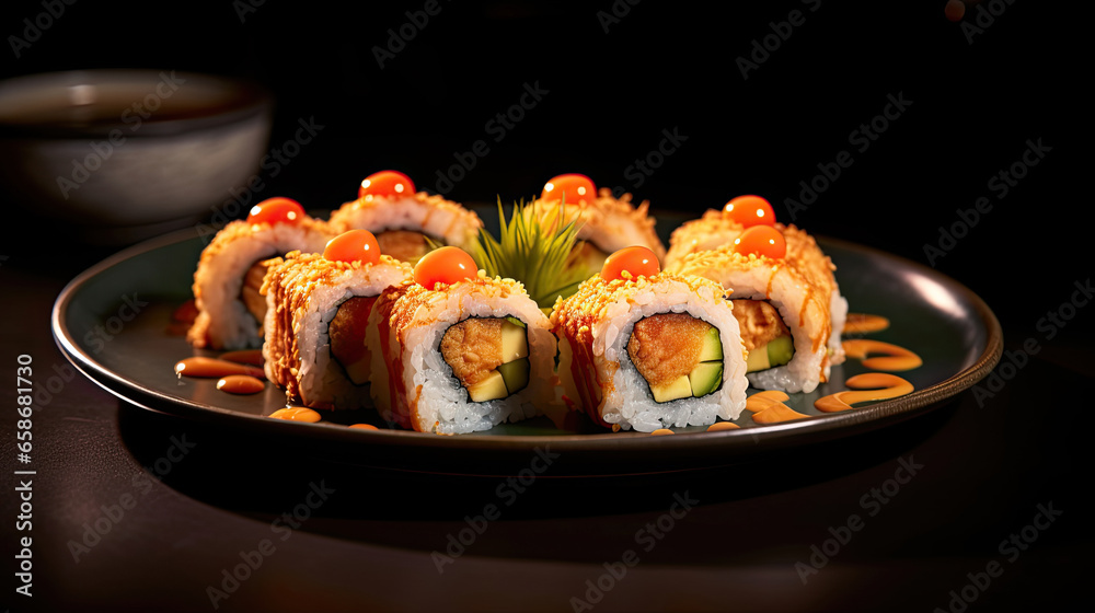 Crunchy maki o a sushi plate in restaurant. Japanese food. Generative Ai