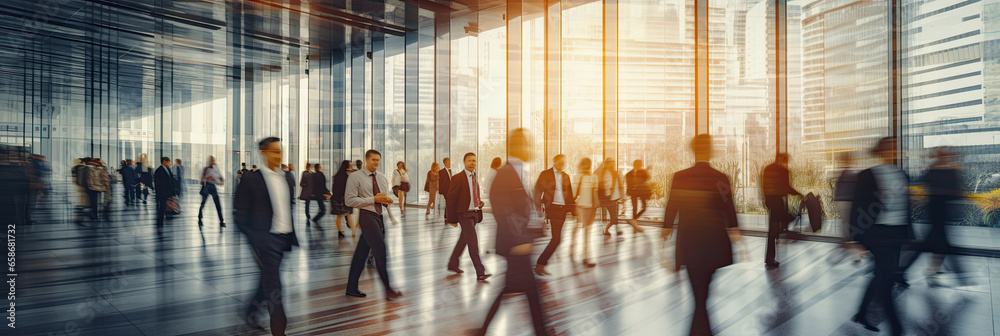 Crowd of business people walking in bright office lobby fast moving with blurry. Generative Ai