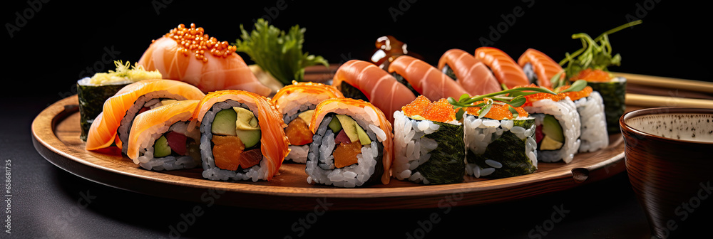 Crunchy maki o a sushi plate in restaurant. Japanese food. Generative Ai