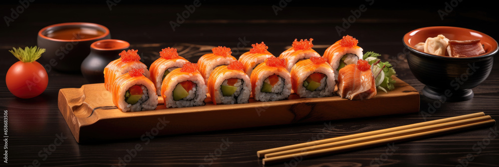 Crunchy maki o a sushi plate in restaurant. Japanese food. Generative Ai