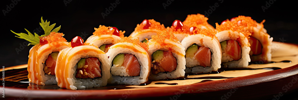 Crunchy maki o a sushi plate in restaurant. Japanese food. Generative Ai