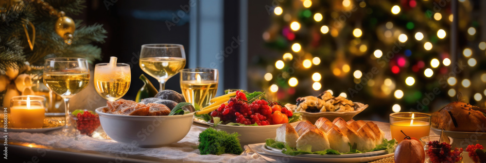 Dinner table full of dishes with food and snacks, Christmas and New Years decor with a Christmas tree on the background. Generative Ai