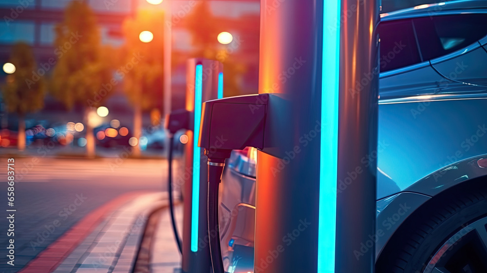 Fast electric vehicle chargers for charging EV car in park. Generative Ai