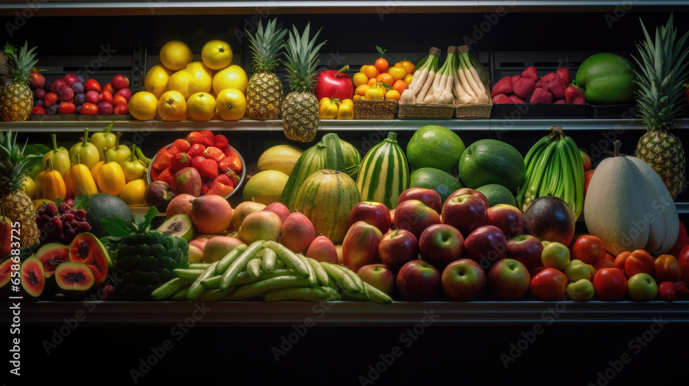 Fruits and Vegetables on shelf in supermarket. Generative Ai