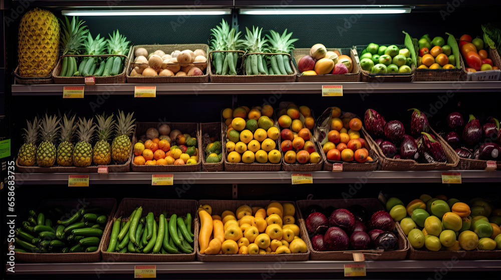 Fruits and Vegetables on shelf in supermarket. Generative Ai