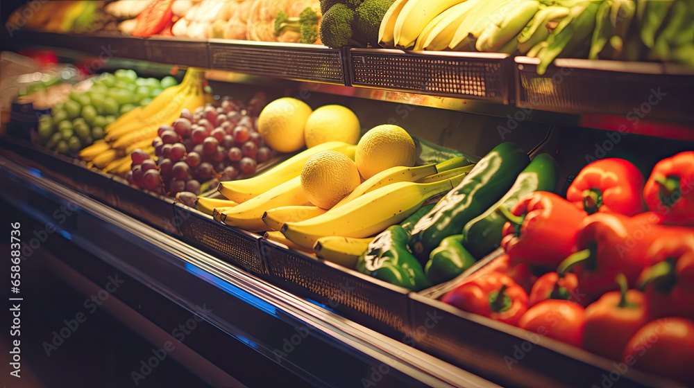 Fruits and Vegetables on shelf in supermarket. Generative Ai