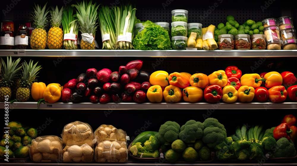 Fruits and Vegetables on shelf in supermarket. Generative Ai