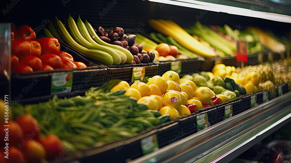 Fruits and Vegetables on shelf in supermarket. Generative Ai