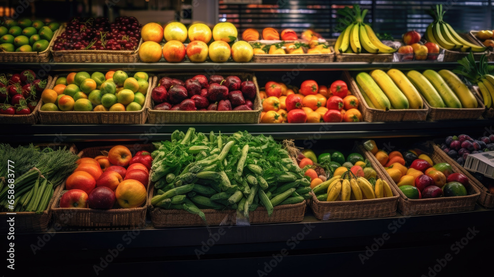 Fruits and Vegetables on shelf in supermarket. Generative Ai