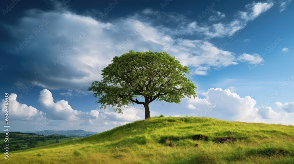 Landscape view of one big tree on the top of the hill with green grass on a hillside with blue sky and clouds in the background. Generative Ai