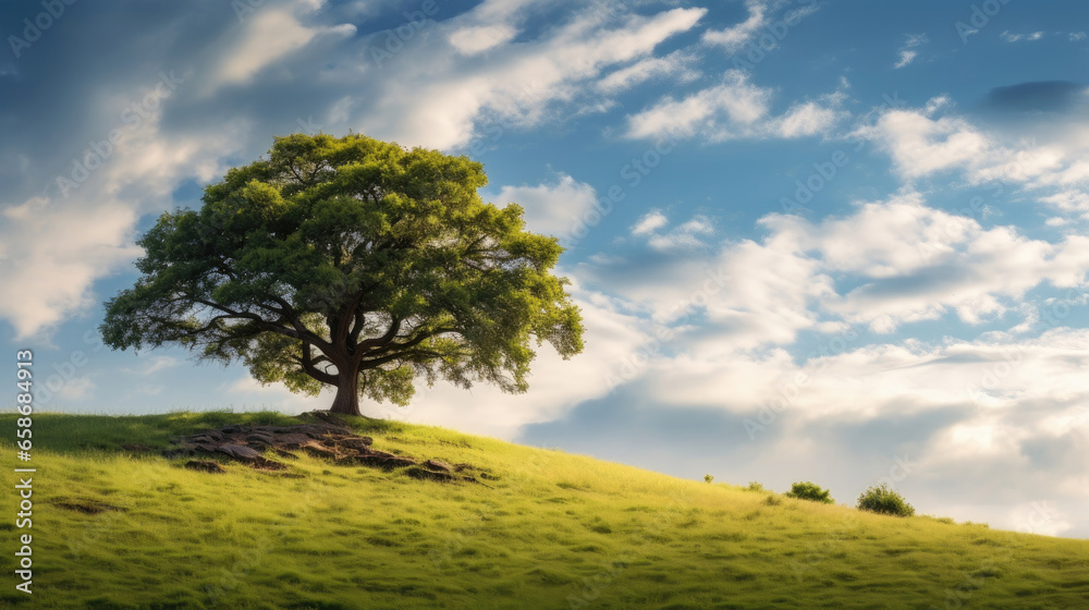 Landscape view of one big tree on the top of the hill with green grass on a hillside with blue sky and clouds in the background. Generative Ai