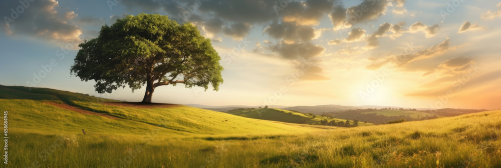 Landscape view of one big tree on the top of the hill with green grass on a hillside with blue sky and clouds in the background. Generative Ai