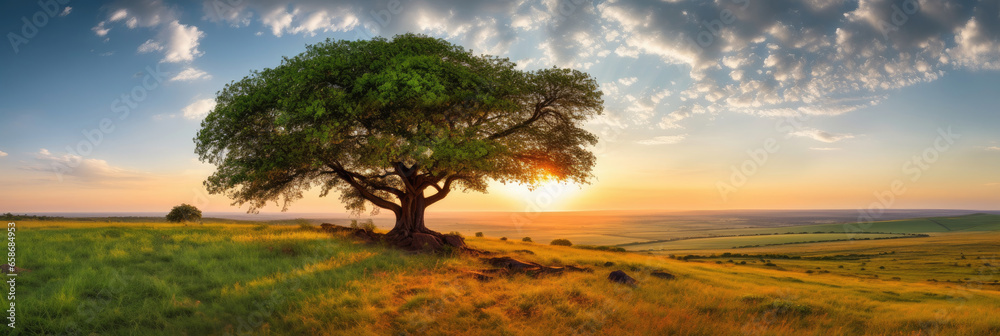 Landscape view of one big tree on the top of the hill with green grass on a hillside with blue sky and clouds in the background. Generative Ai