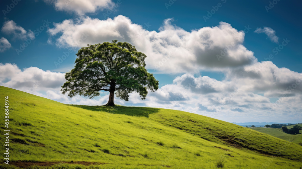 Landscape view of one big tree on the top of the hill with green grass on a hillside with blue sky and clouds in the background. Generative Ai