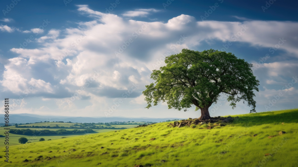 Landscape view of one big tree on the top of the hill with green grass on a hillside with blue sky and clouds in the background. Generative Ai