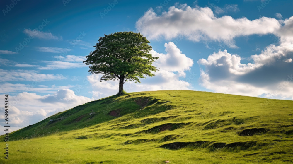 Landscape view of one big tree on the top of the hill with green grass on a hillside with blue sky and clouds in the background. Generative Ai