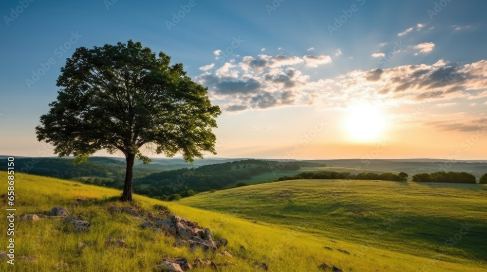 Landscape view of one big tree on the top of the hill with green grass on a hillside with blue sky and clouds in the background. Generative Ai