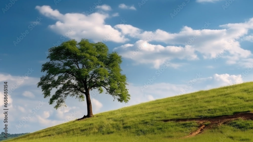 Landscape view of one big tree on the top of the hill with green grass on a hillside with blue sky and clouds in the background. Generative Ai