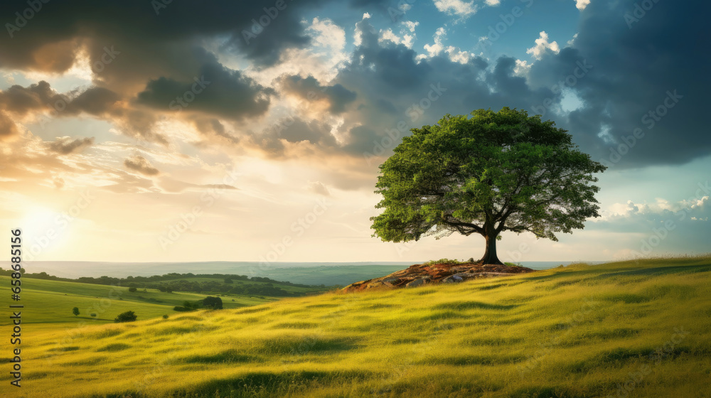 Landscape view of one big tree on the top of the hill with green grass on a hillside with blue sky and clouds in the background. Generative Ai