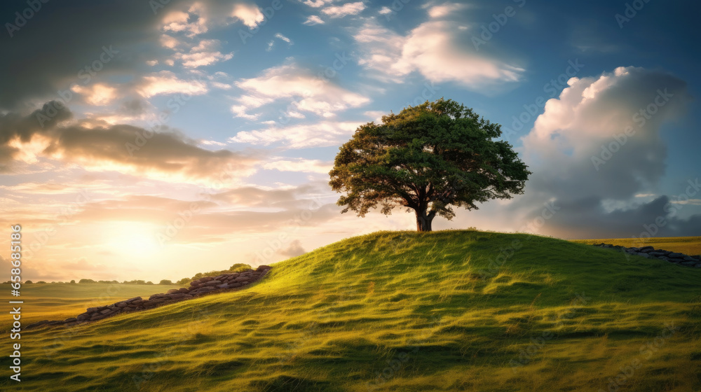 Landscape view of one big tree on the top of the hill with green grass on a hillside with blue sky and clouds in the background. Generative Ai