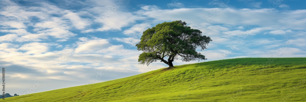 Landscape view of one big tree on the top of the hill with green grass on a hillside with blue sky and clouds in the background. Generative Ai