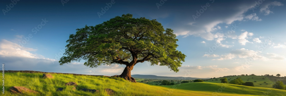 Landscape view of one big tree on the top of the hill with green grass on a hillside with blue sky and clouds in the background. Generative Ai