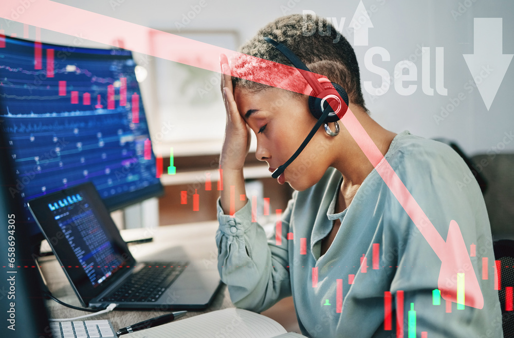 Fail graphic, headache and a woman at a call center for finance stress or telemarketing burnout. Fatigue, contact us and overlay or a customer service employee with anxiety from online economy stats