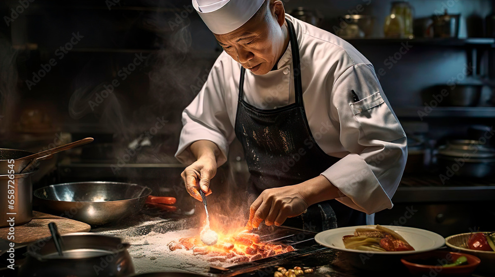 Professional Asian elderly cook in uniform adds some spices to dish, prepares delicious meal for guests in cuisine kitchen in hotel restaurant. The male chef adds salt to a steaming hot frying pan