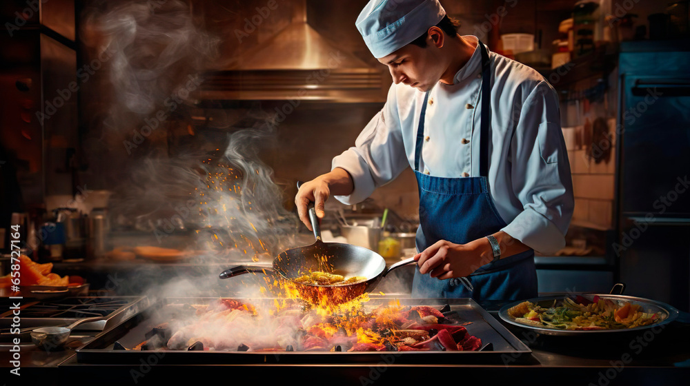 Professional young cook in uniform apron and hat adds some spices to dish, prepares delicious meal for guests in cuisine kitchen in hotel restaurant. The male chef adds salt to a steaming hot frying