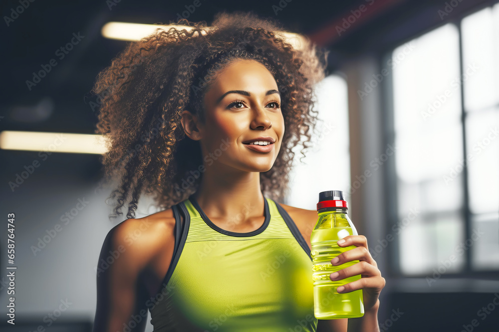 Beautiful young fit woman with a bottle of sports drink after training in the gym