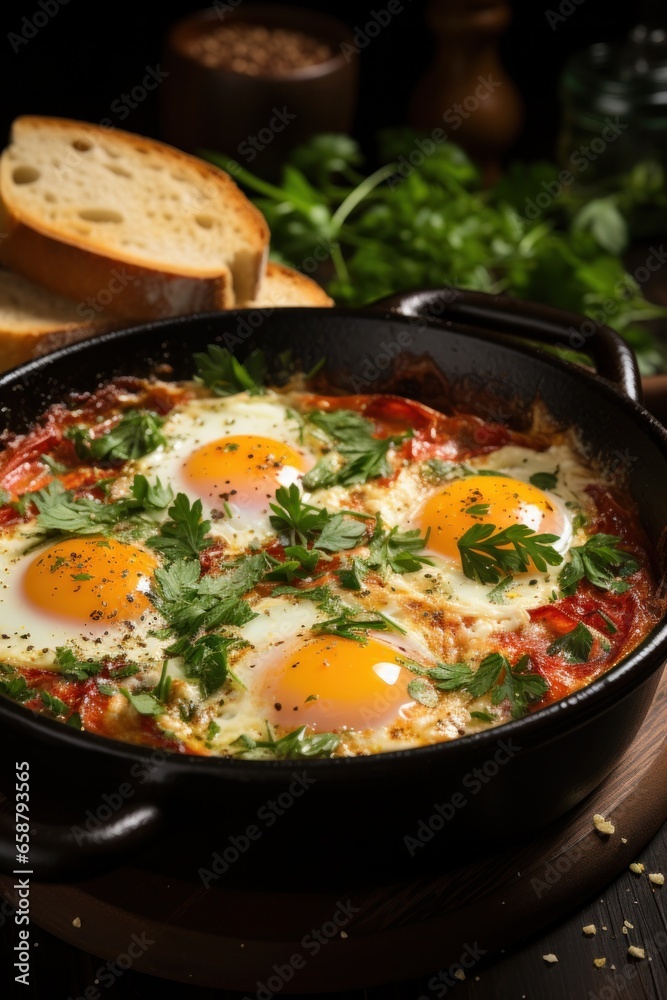 Shakshuka: savory, Mediterranean-style baked eggs in tomato sauce with spices and herbs