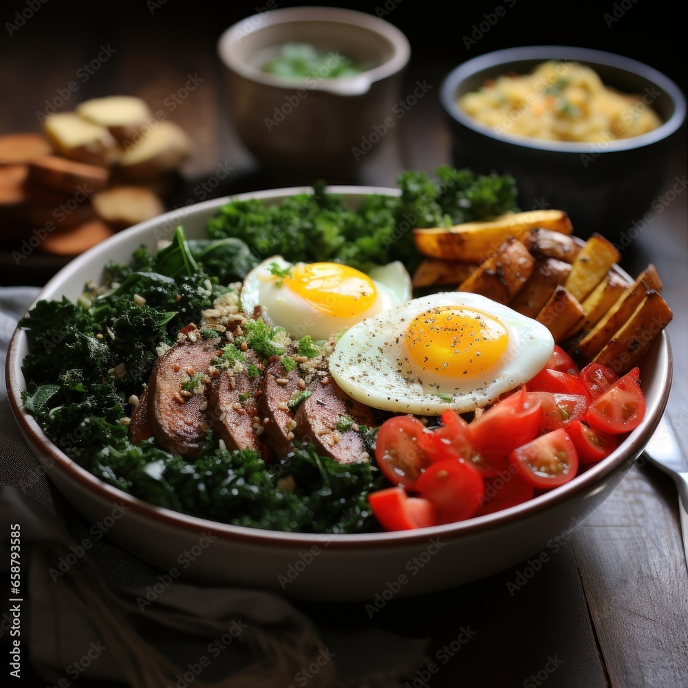 Quinoa bowl: protein-rich, gluten-free, and filling breakfast with veggies and eggs