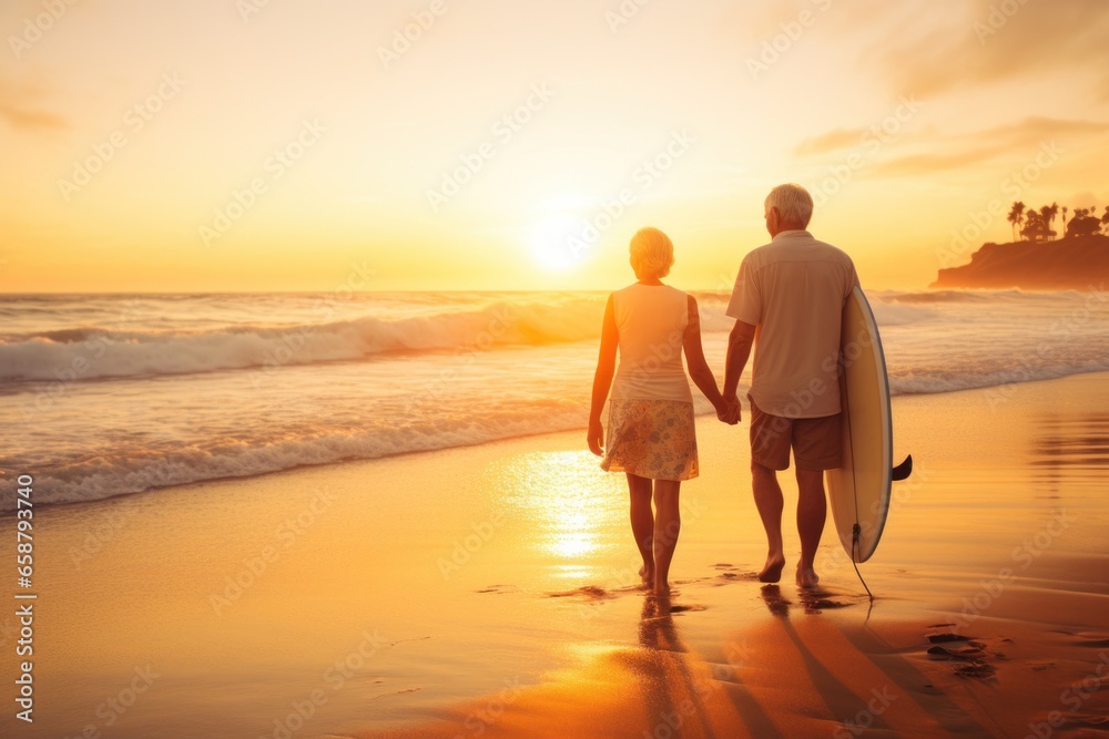 senior couple holding surfboard on beach on sunset photo